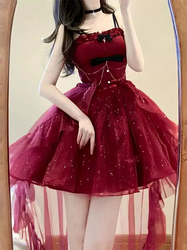 Creamy - Glitter Princess - Red Glitter Tulle Dress with Train