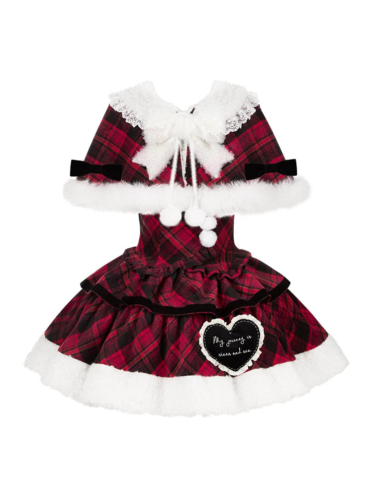 With PUJI - Snow Night Serenade - Fluffy Plaid Kawaii Lolita JSK, Reversible Cape detail view 5