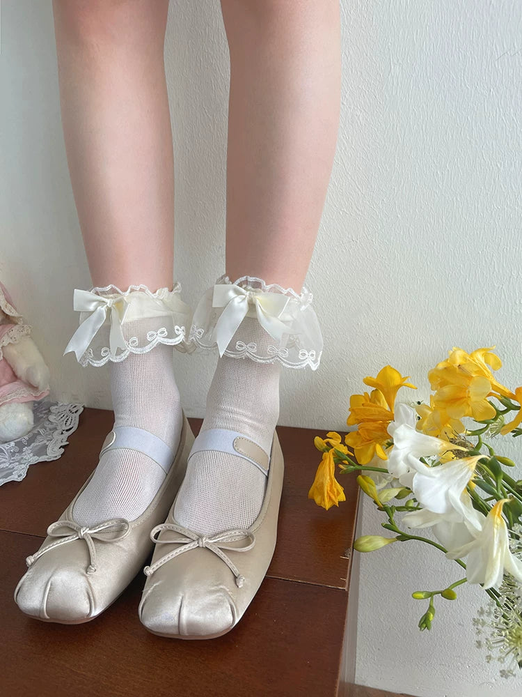 Sock Noble - Fresh Ribbon Lace - Mesh Slouch Socks with Lace Ruffles and Bow Cuffs