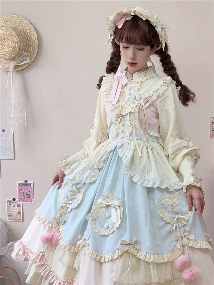Tianxin Dreamscape - Mianmian Macaron - Solid-Colour OP Dress with Layered Lace Trim