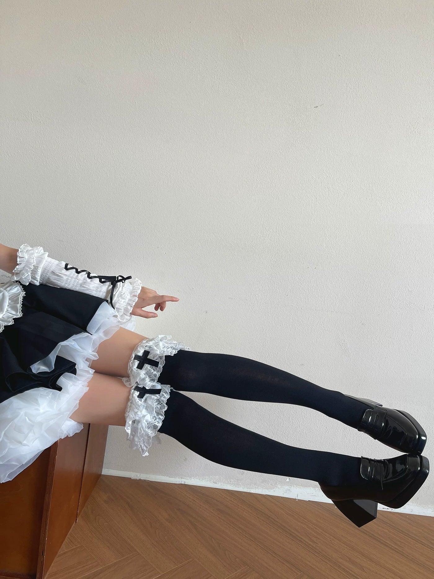 Sock Noble - Dark Cross Lace - Over-the-Knee Socks with Three-Tier Lace Cuffs