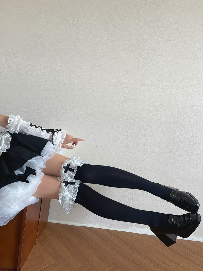 Sock Noble - Dark Cross Lace - Over-the-Knee Socks with Three-Tier Lace Cuffs