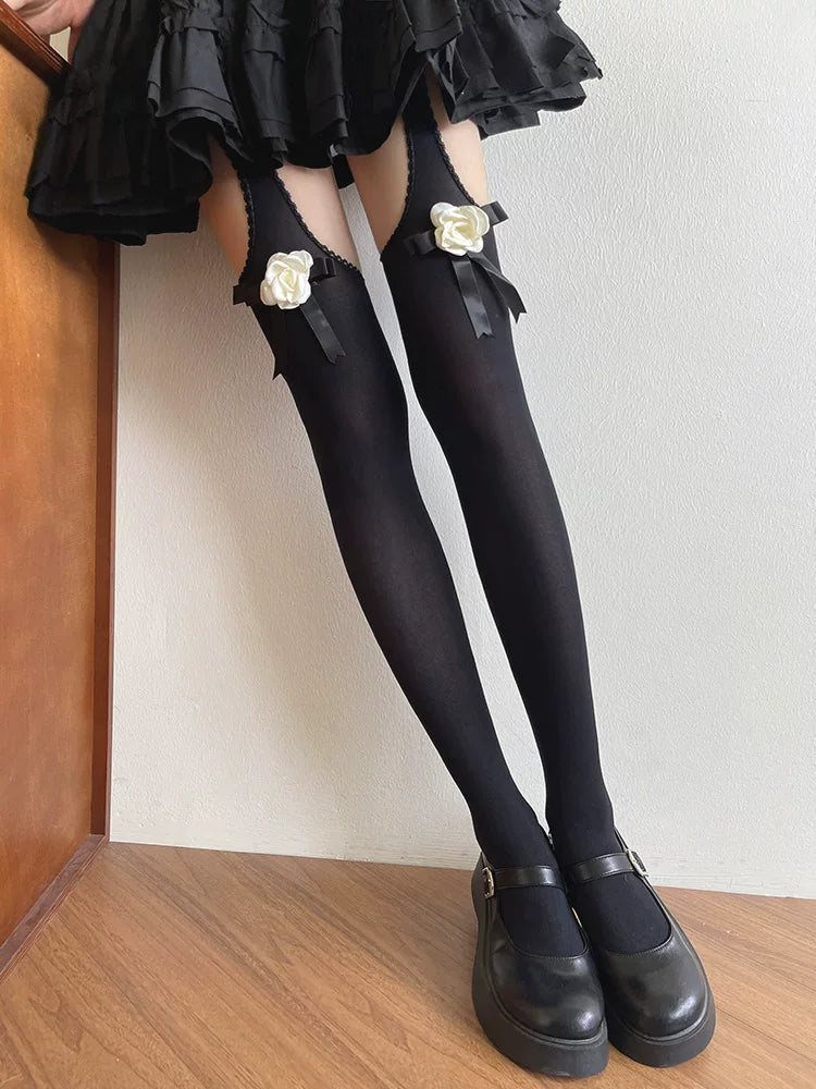Sock Noble - Camellia Ribbon - Thigh-high stockings with camellia bows and ribbon accents