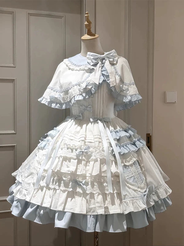 Creamy blue-and-white doll-inspired JSK with matching cape and bow details