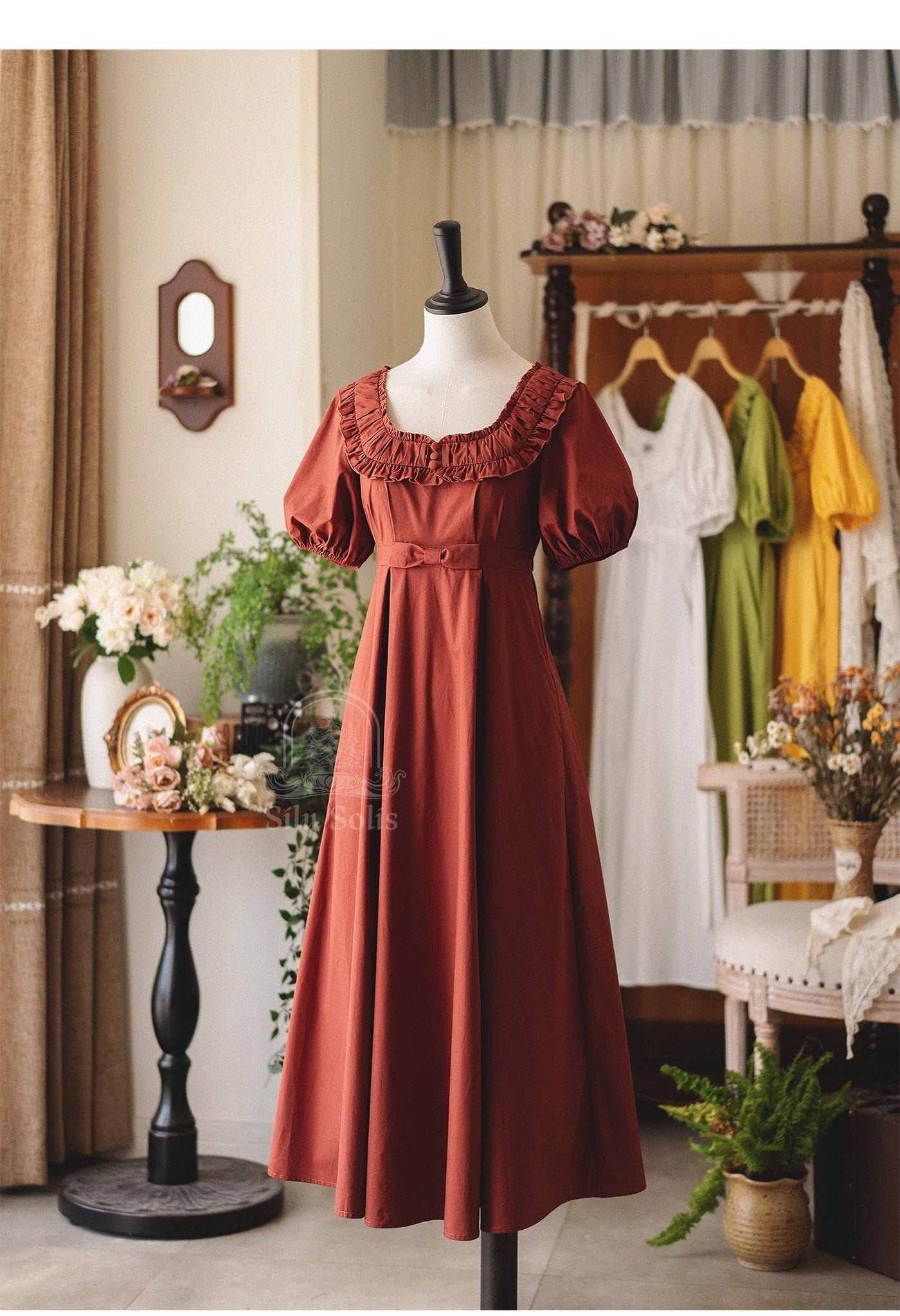 Morning Forest - Cotton Empire Waist OP Dress with Built-in Bra Pads Red S