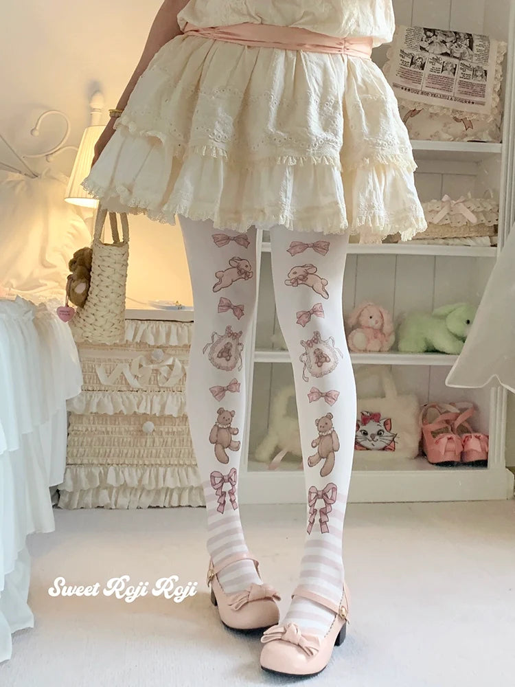 Roji Roji - Cradle Time - Sweet Lolita Velvet Pantyhose Japan Style Printed Tights Pink F(Fit Height: 150-170cm)