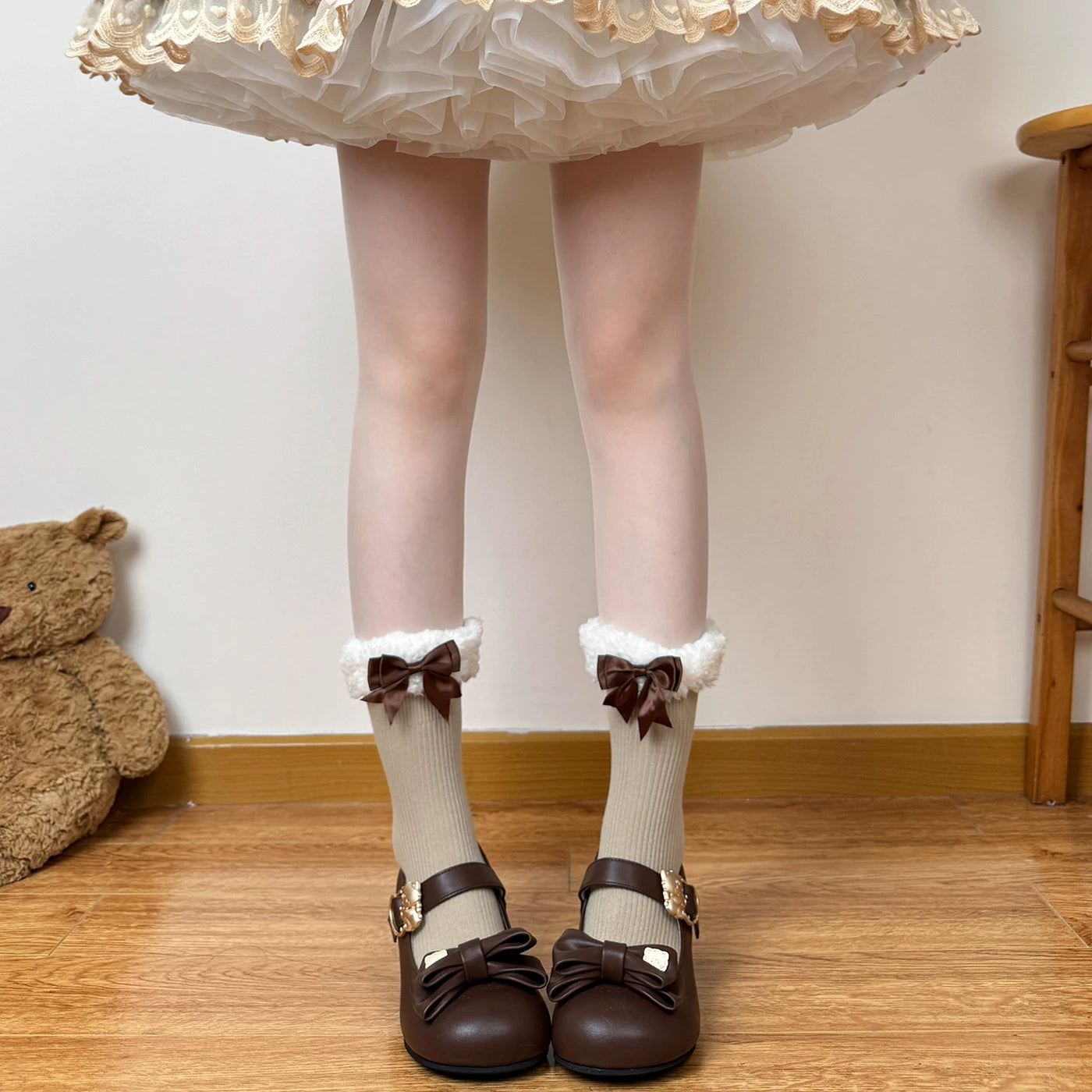 Chubby Bear Tales - Winter Bow - Mid-Calf Socks with Gathered Bow Cuffs