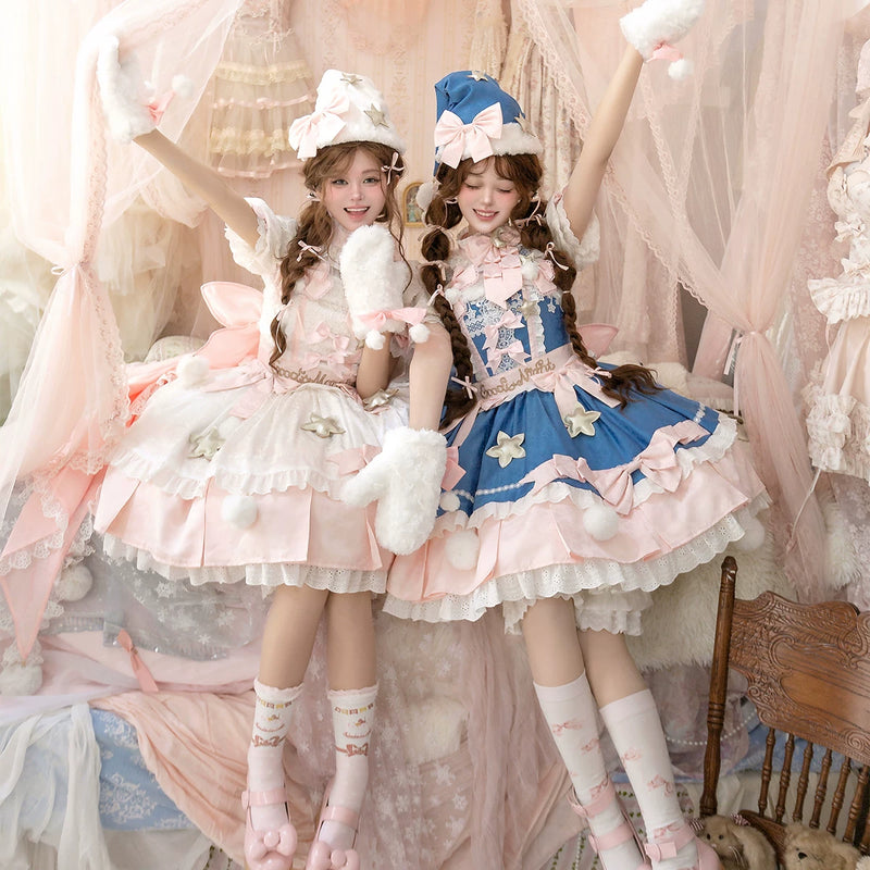 Ivory and blue Good Morning Good Night Lolita outfits with full skirts