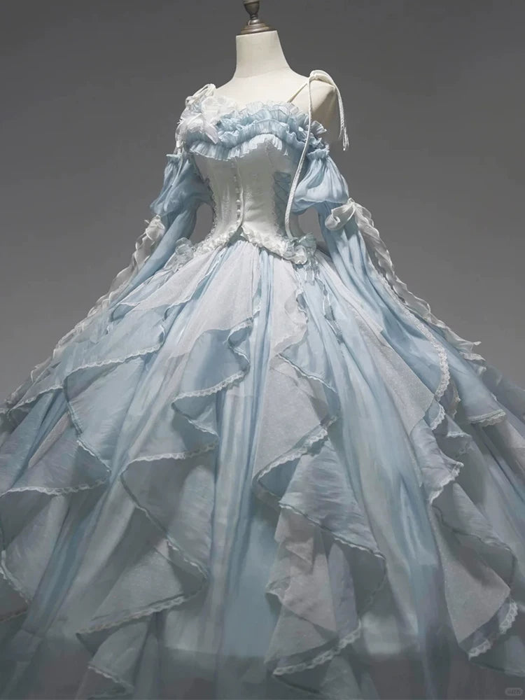 Flora Muse - Floral Lolita Ball Gown - Blue off-shoulder formal