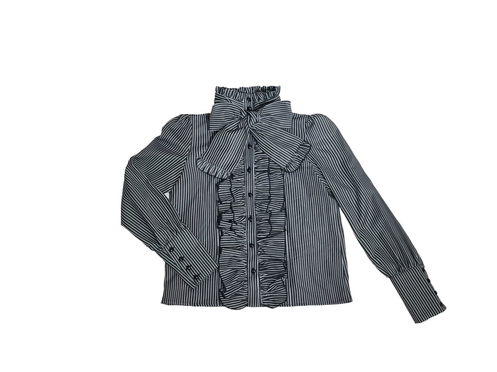 Black-gray striped Lolita blouse with a large bow, layered ruffles, and puff sleeves.