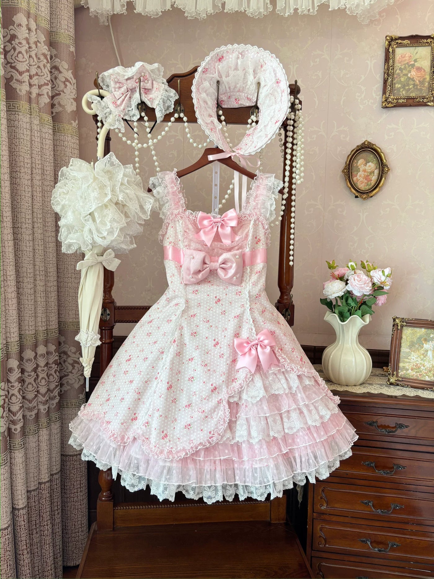Spring Bud - Old School Lolita Floral Print JSK Dress, Layered Skirt JSK Only (without collar and skirt bow clips) S