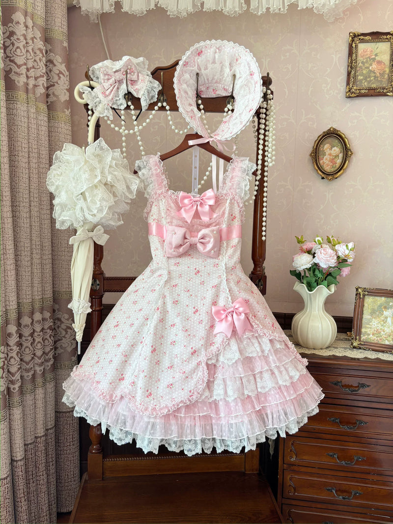 Strawberry Sweetie Bear - Spring Bud - Old School Lolita Floral Print JSK Dress, Layered Skirt