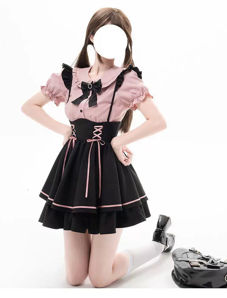 Sweetheart Dream Machine - Pink Ribbon Pinafore - Black Pinafore Dress Set with Pink Lace-Up Ribbons