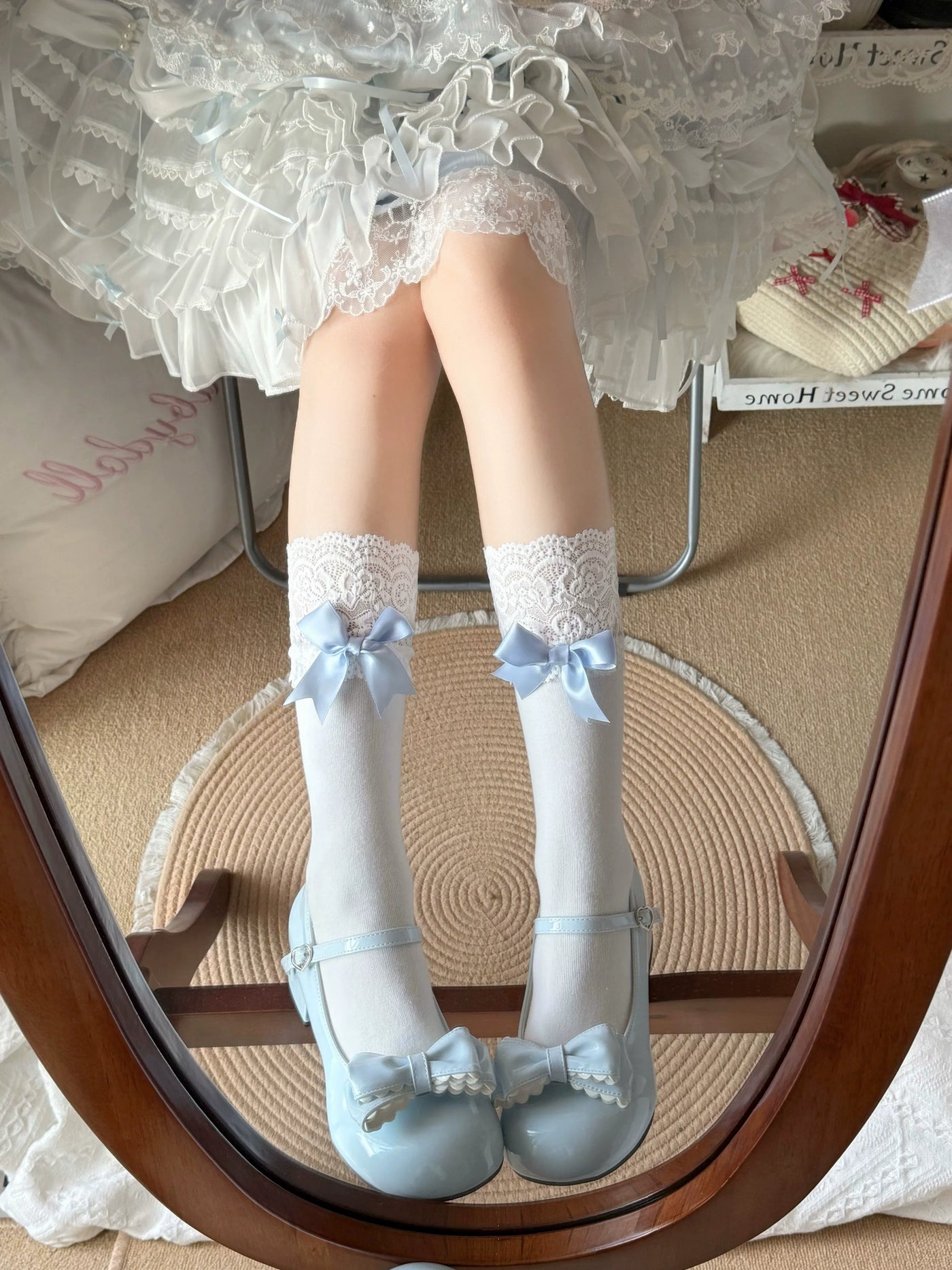 Fantasy Doll - Sweet Ribbon Lace - Cotton Mid-Calf Socks with Bow Detail
