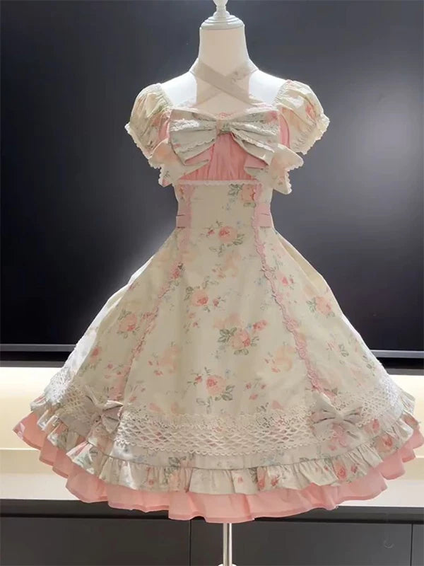 Creamy - Pastel Floral - Pink Floral OP with Lace Hem