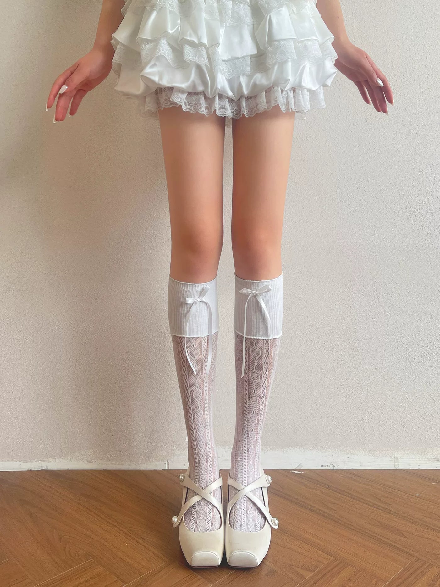 Sock Noble - Academy Lace - Scrunched calf socks with lace panels and ribbon bows