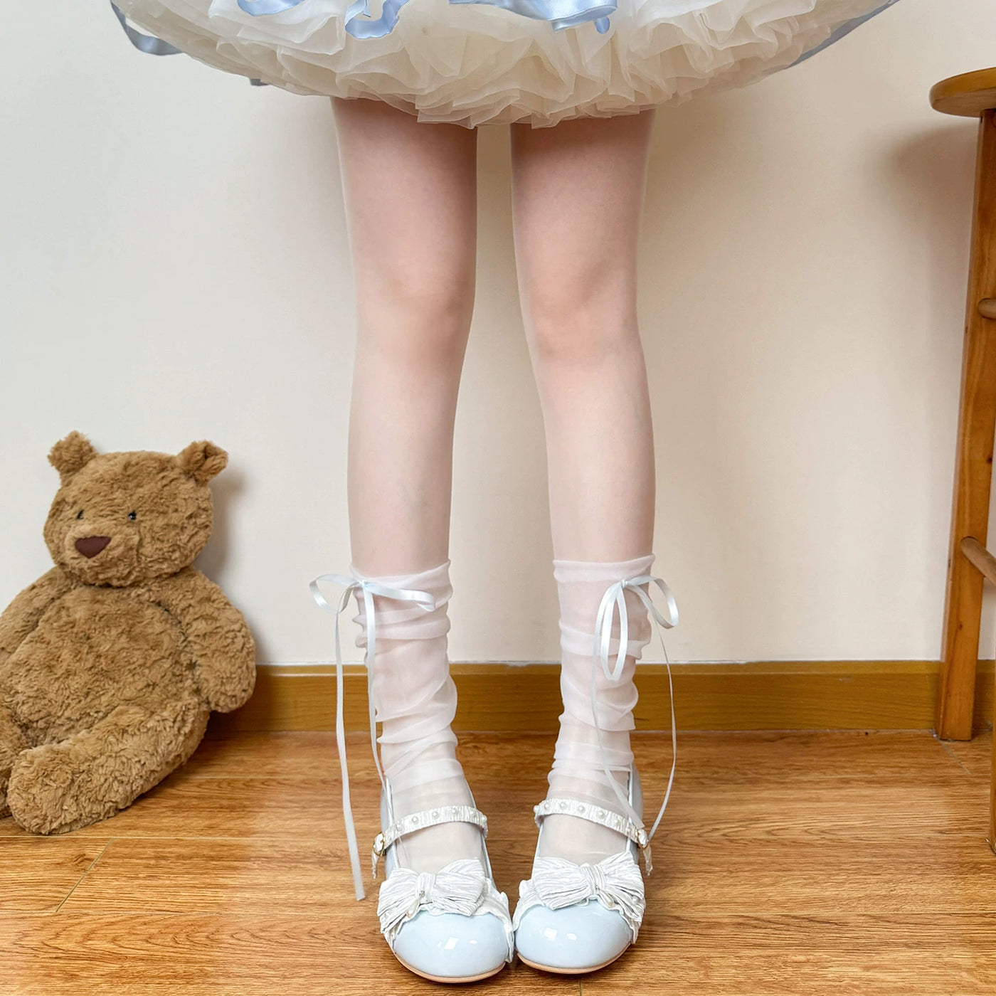 Chubby Bear Tales - Blue Ribbon Lace Collection - Blue-and-White Lolita Sock Collection with Bow Options