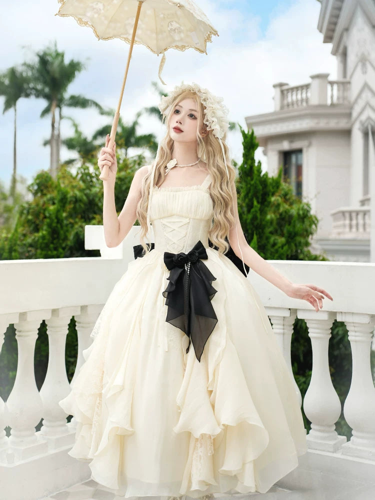 With PUJI - Moonlight Variations - Lolita JSK Dress, Ruffle Trim & Boned Bodice Detail detail view 3
