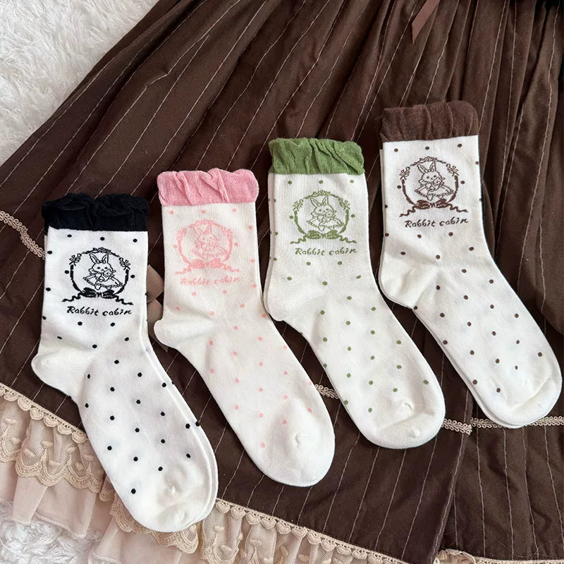 Milky Star Qiaoqiao - Rabbit Cabin - Ruffled Short Socks with a Rabbit Print