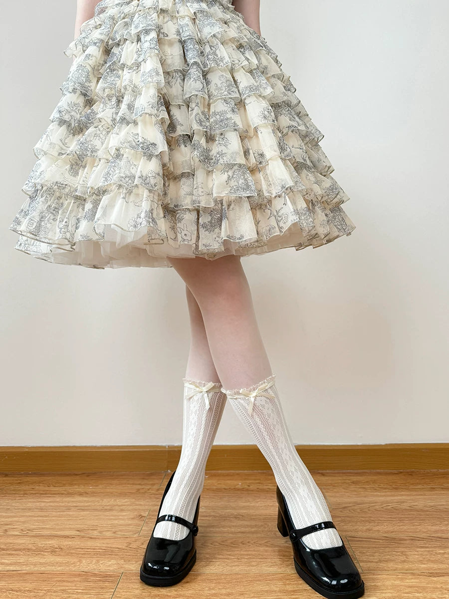 Chubby Bear Tales - Alice - Openwork Lace Mid-Calf Socks with Bow Cuffs