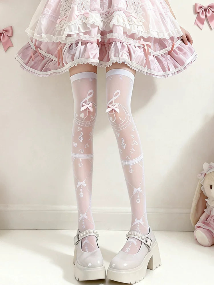 Fantasy Doll - Musical Note Sweetness - White Thigh-High Socks with Bow Accents