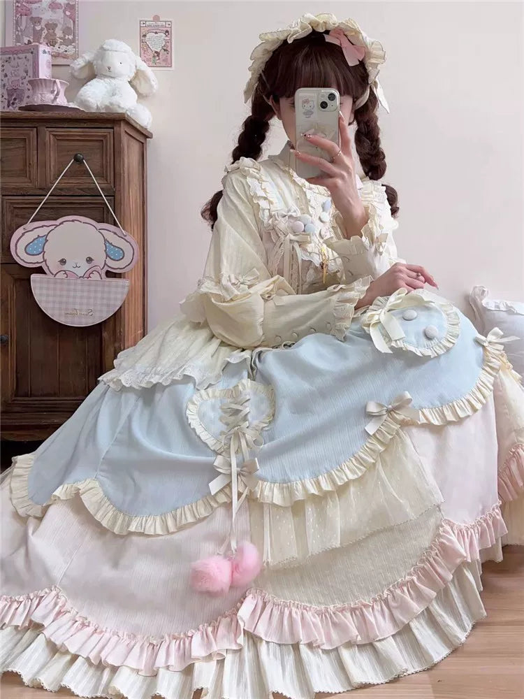 Tianxin Dreamscape - Mianmian Macaron - Solid-Colour OP Dress with Layered Lace Trim