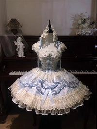 Cremefarben - Blue Ballet - JSK-Kleid mit Schleppe und Haarband - blaues Kleid + Schleppe + Haarband / S