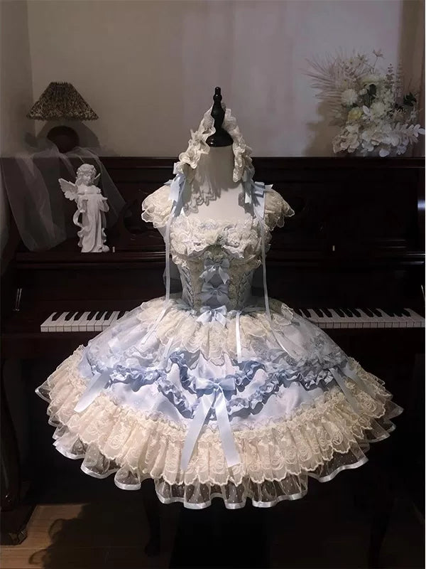 Pale blue sweet lolita JSK with attached ruffled bonnet and tiered skirt
