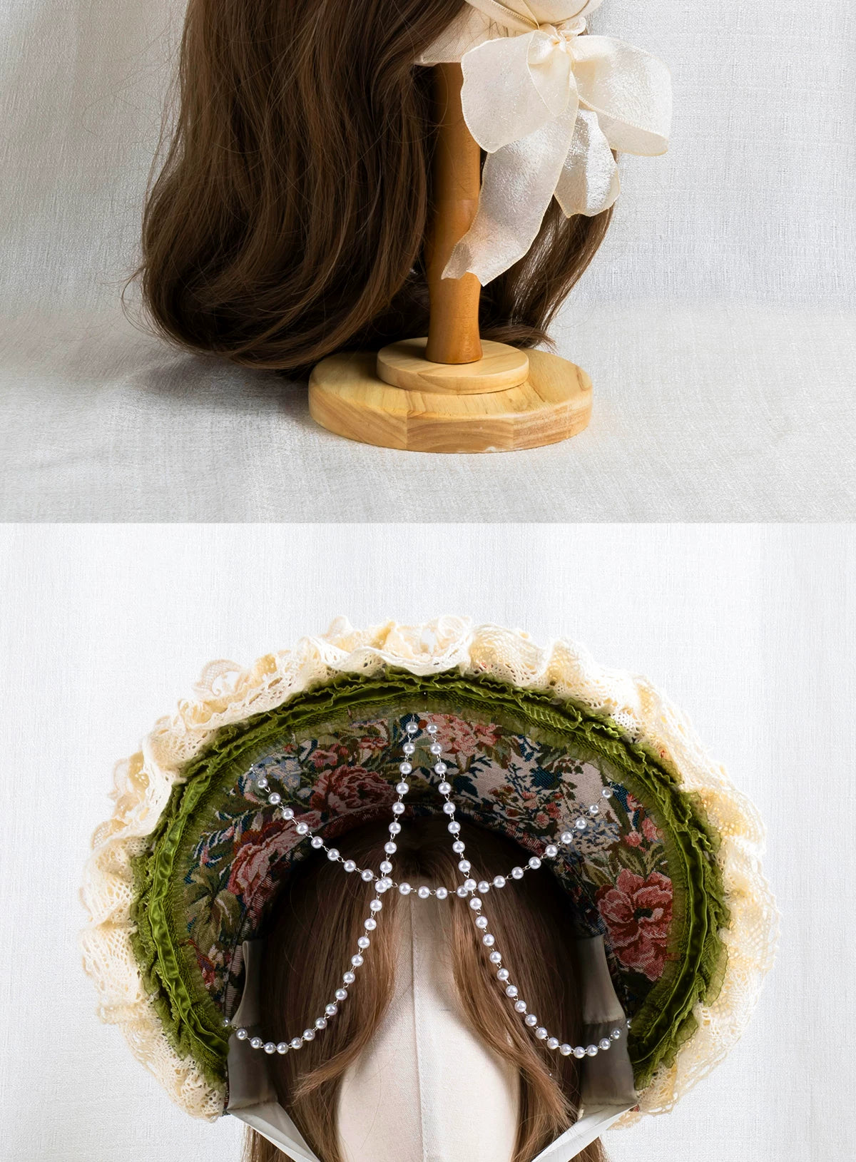 Lightbound Narrative - Manor Rose - Lace-trimmed flat hat or bonnet with floral accents