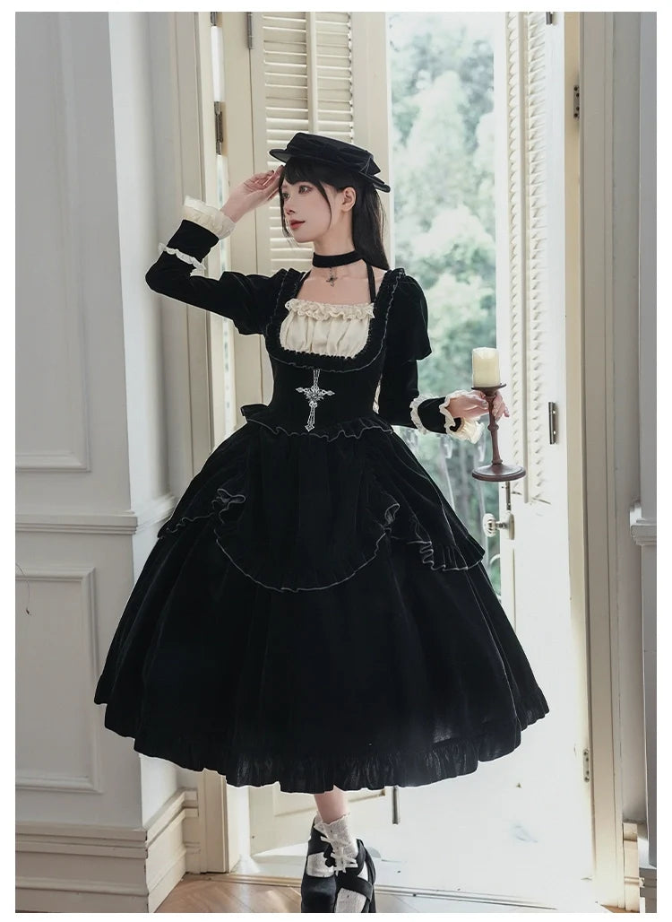 With PUJI - Apocalypse - Gothic Lolita Velvet OP Dress Set, Fishbone Waist