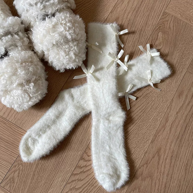 Sock Noble - Ballet Bow Fuzz - Mid-Calf Slouch Socks with Ribbon Bows