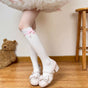 Side white socks, pink bow, calf socks / One Size