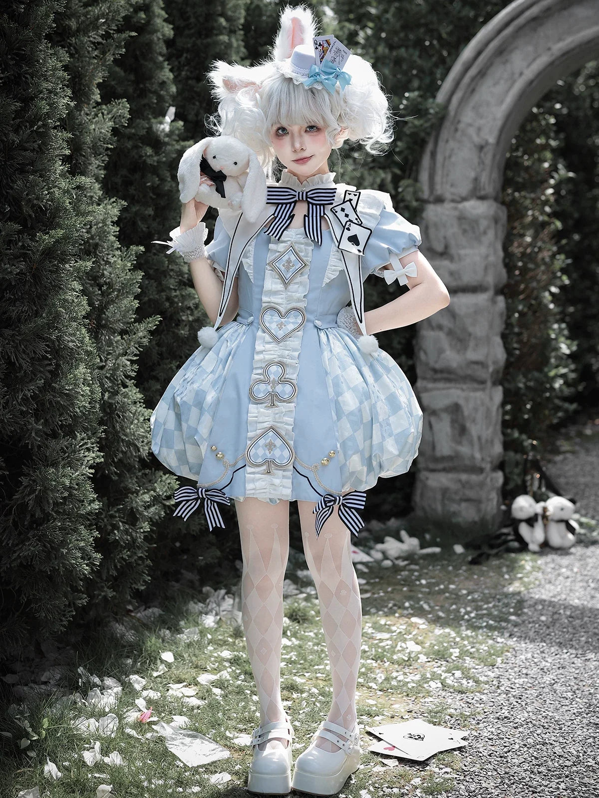 Letters from Unknown Star - For Alice - Doll-like Lolita Jacquard OP Dress Set, Elastic Bubble Hem
