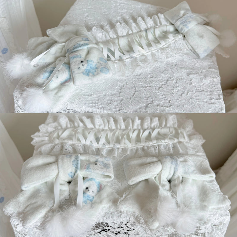 Winter Plush Lolita Headband, Bonnet & Embroidery Options — White & Blue Convertible Headdress / Hair Clips