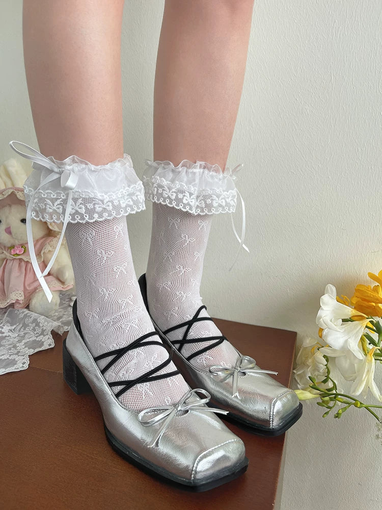 Sock Noble - Ribbon Gift - Mid-Calf Socks with Lace Cuffs and Bows