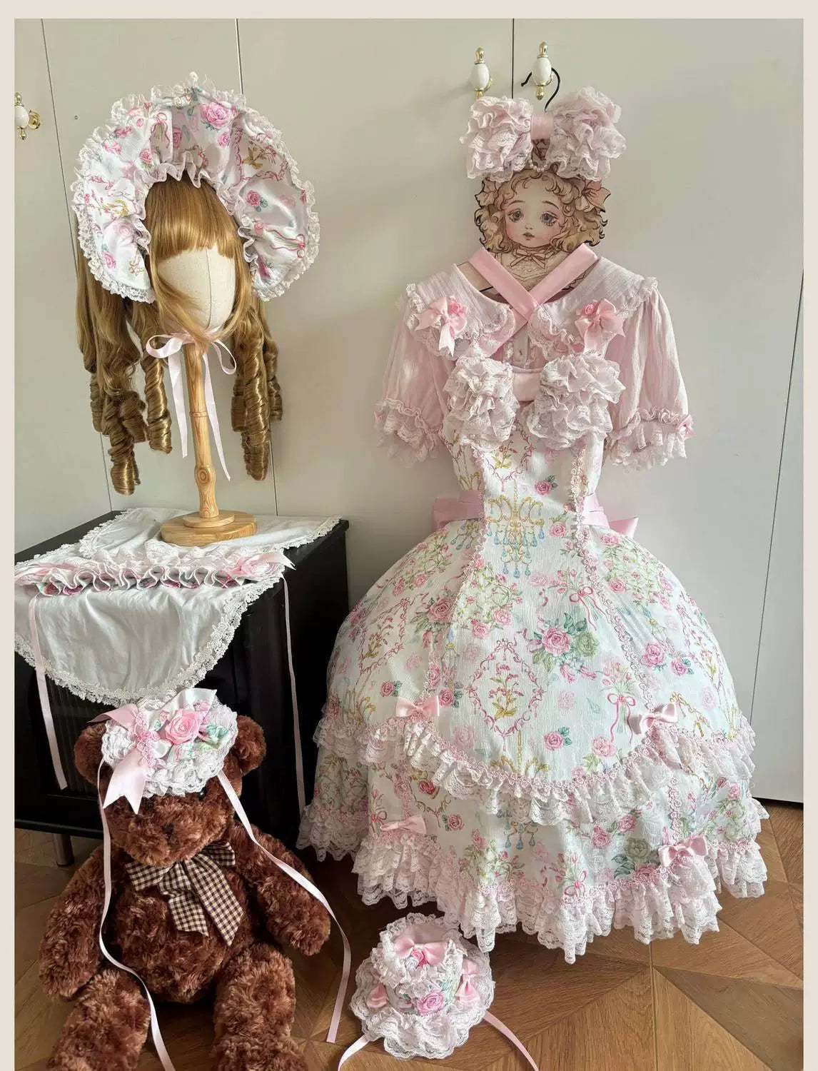 Sweetheart Dream Machine - Vintage Floral Wall - Ruffle-Trimmed Blouse with Doll Collar