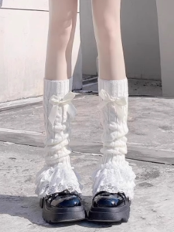 Fantasy Doll - Y2K Bow Knit - Leg Warmers with Bows and Lace Trim