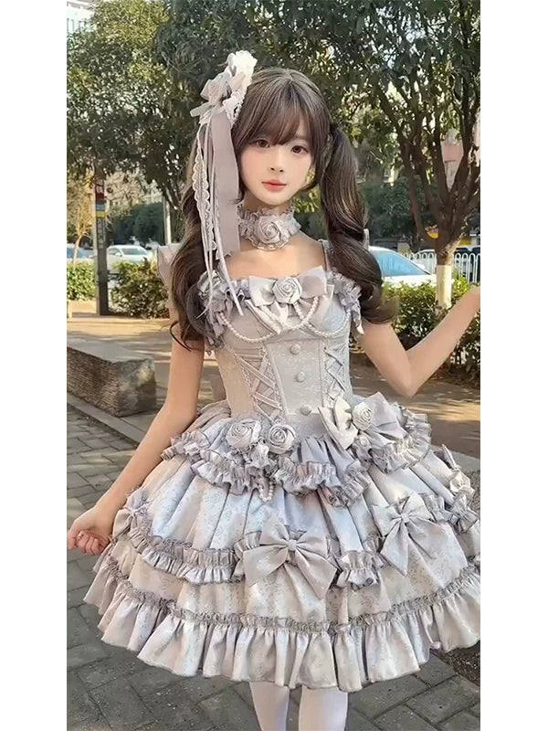 Silver ruffled rose Lolita dress with bows and pearl detailing