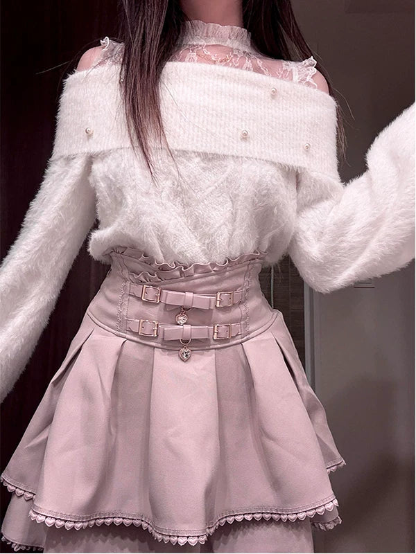 Creamy - Soft Blush - Off-shoulder top and high-waist skirt set with heart-shaped hem trim