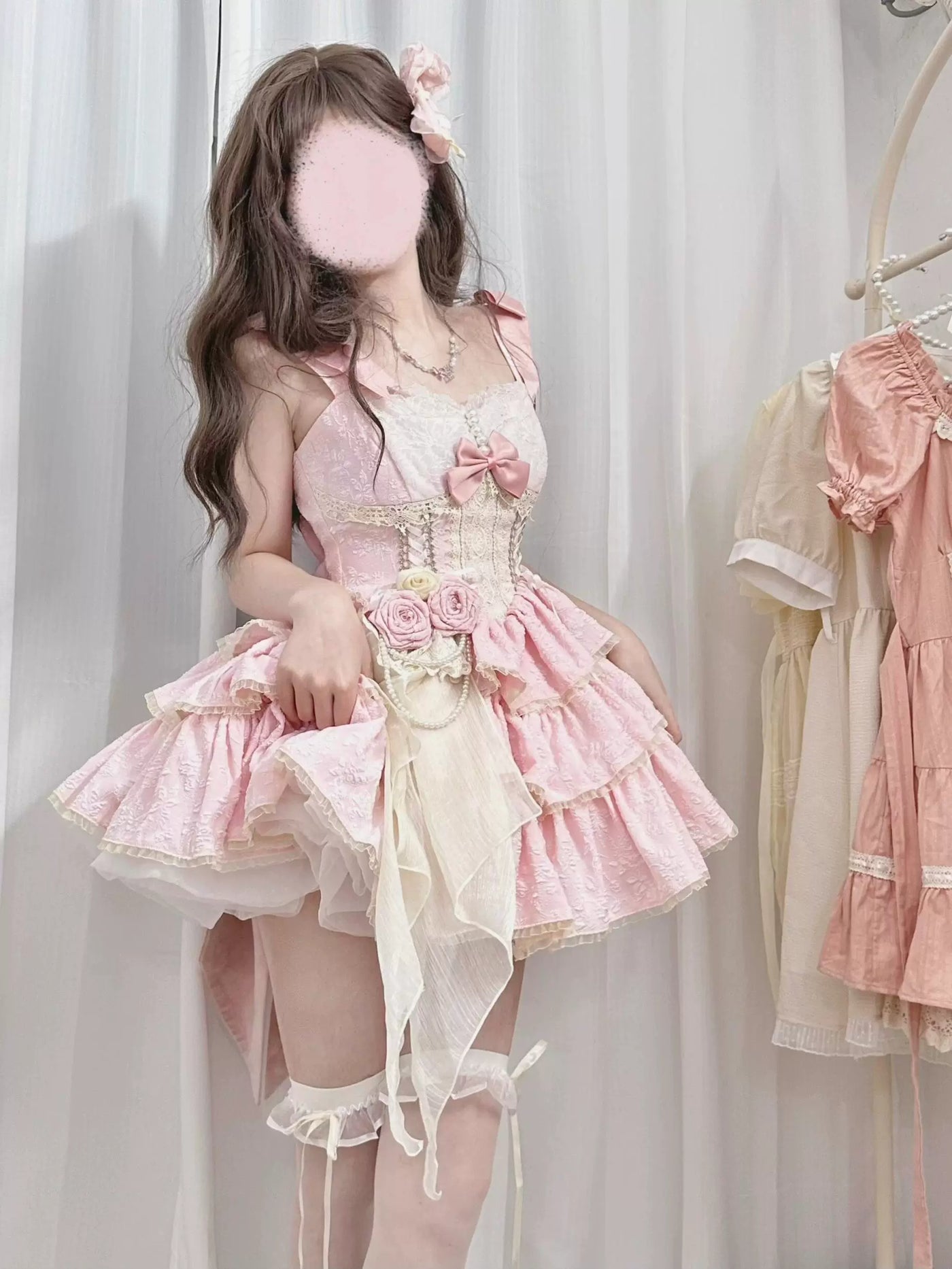 Creamy - Pink Ballet Rose - JSK with Three-Tiered Ruffles and Rose Pearl Waist Accessory