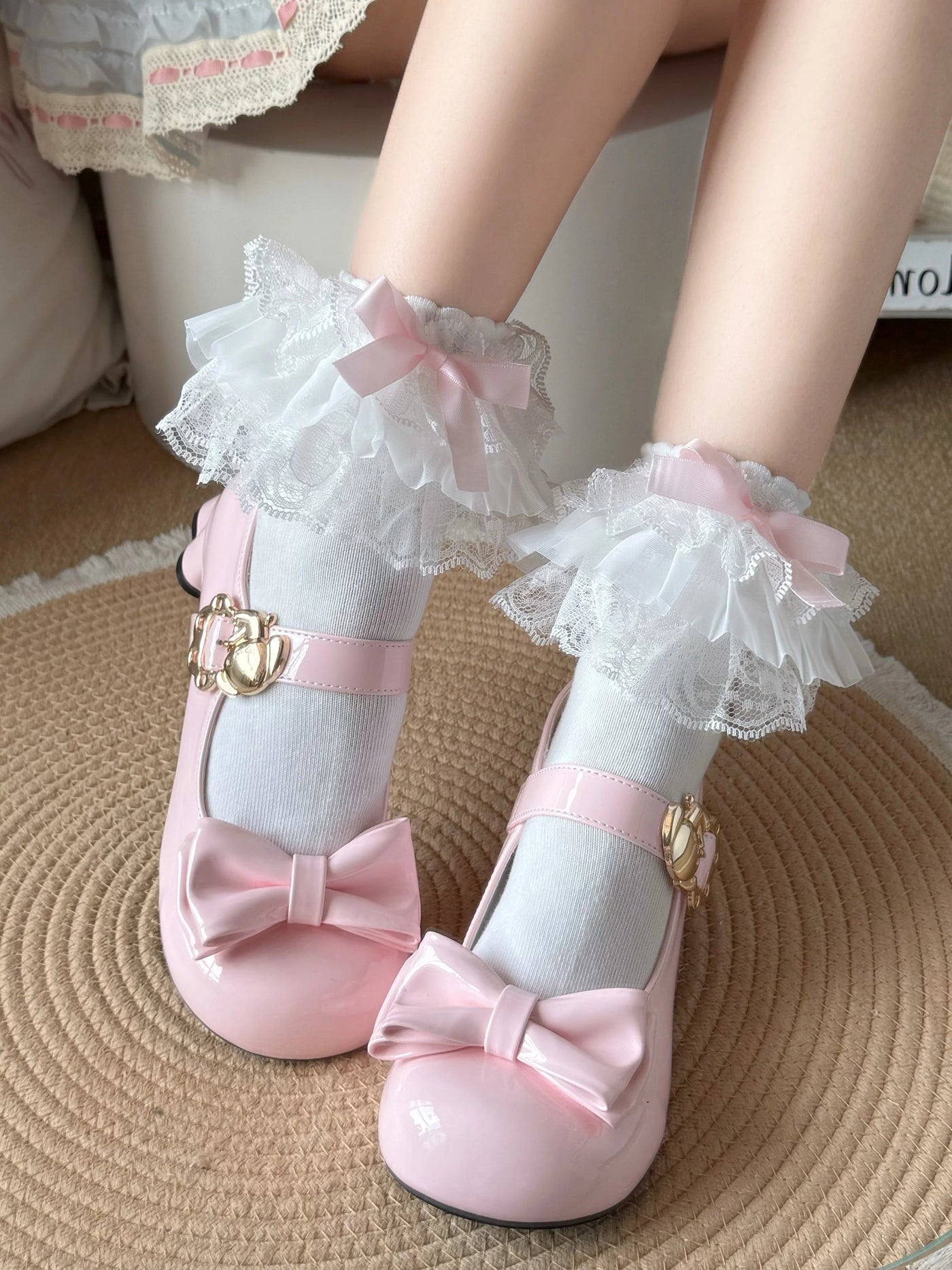 Fantasy Doll - Lace Bow - Mid-Calf Socks with Layered Lace Cuffs
