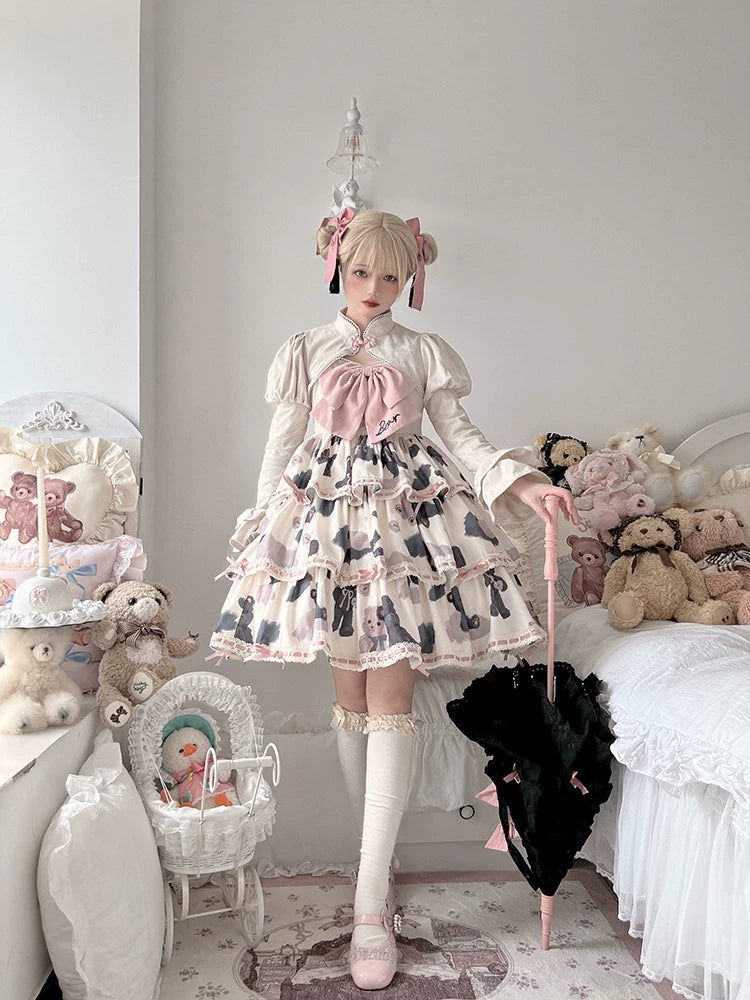 Off-white teddy-bear print three-tier JSK dress with pink bow accents