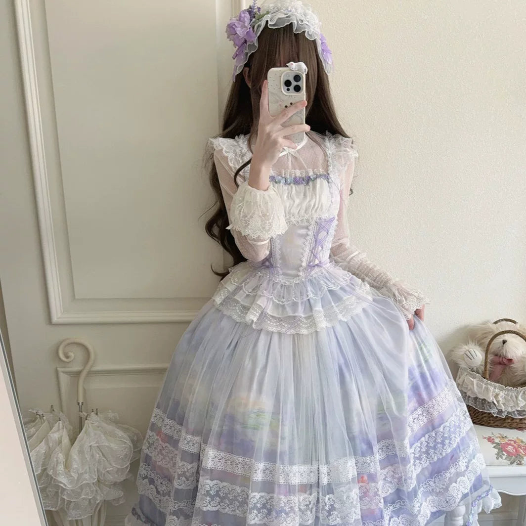Lady Han Misty Vineyard Classic JSK dress by Lolita Fetch featuring a floral vineyard print and elegant fit on a model.