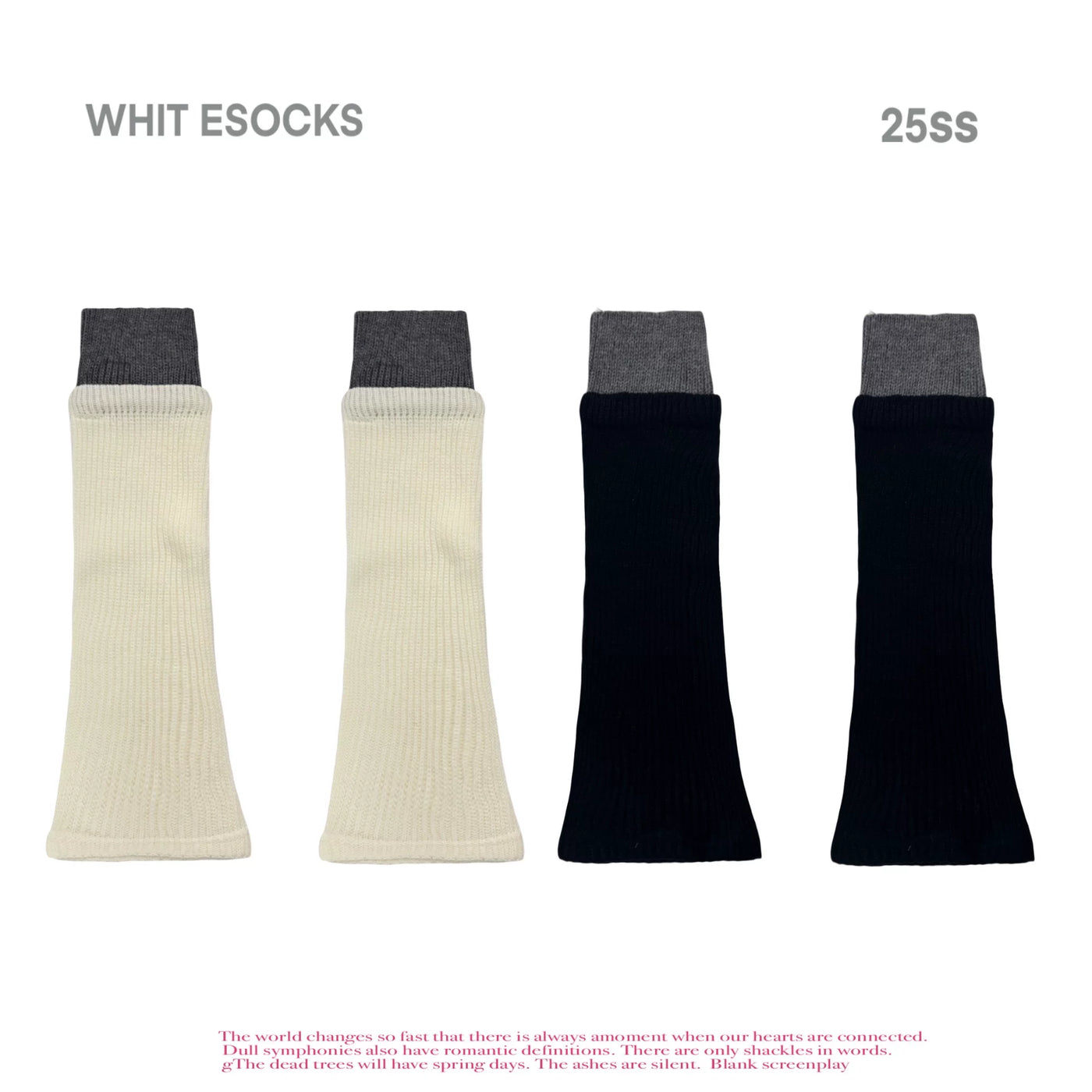White Socks cream and black ribbed leg warmers with gray contrast cuffs