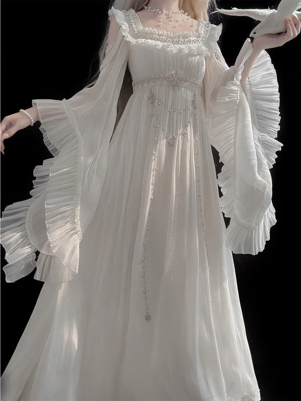 Front view of white Empire Lolita off-shoulder one-piece dress with decorative waist chain