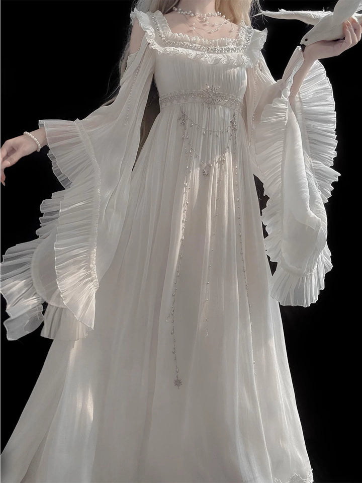 Front view of white Empire Lolita off-shoulder one-piece dress with decorative waist chain