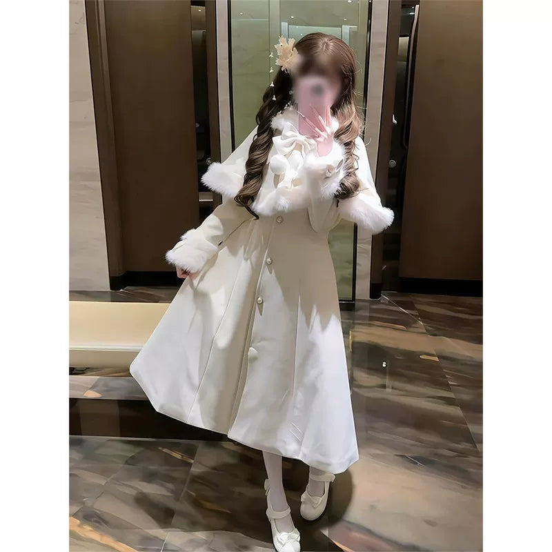 Ivory sweet lolita winter coat with bow-accented cloak and faux fur trim