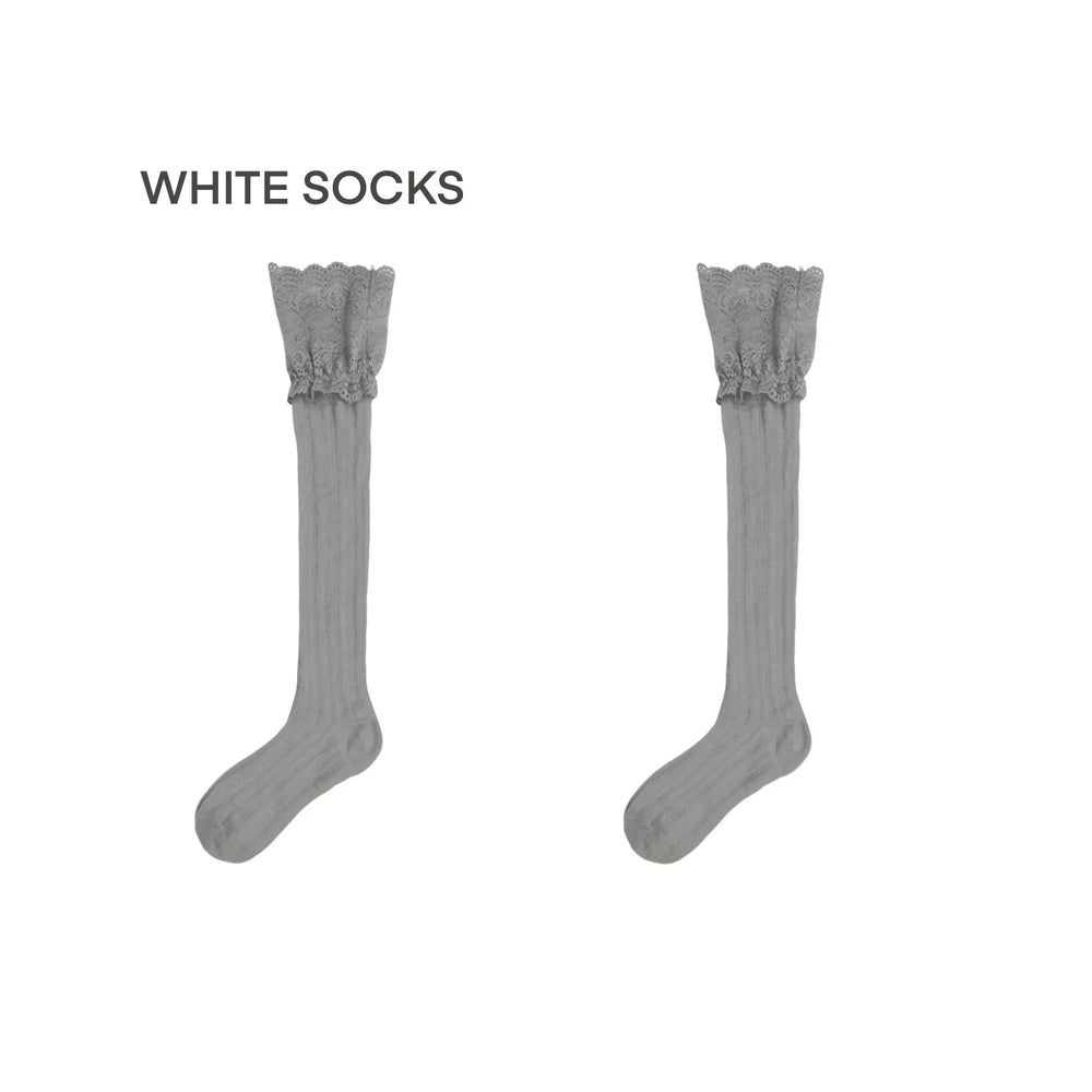 Knee-high socks with wide lace cuffs and vertical stripe texture