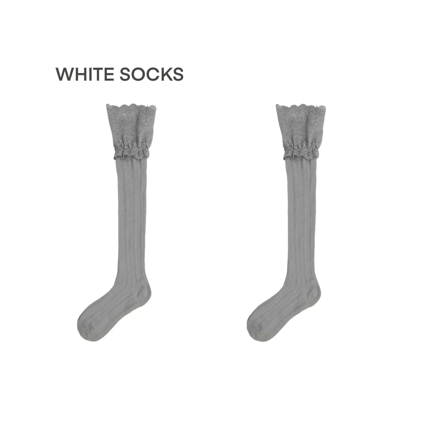 Knee-high socks with wide lace cuffs and vertical stripe texture