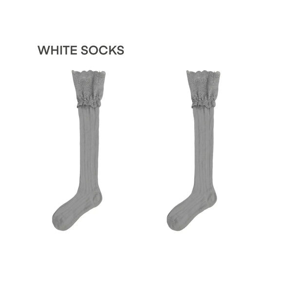 Knee-high socks with wide lace cuffs and vertical stripe texture